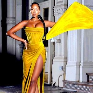 Miss Circle gold velvet gown.